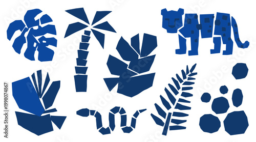 Abstract jungle elements collage with leopard palm tree snake and tropical leaves in deep blue color palette for graphic design and decor