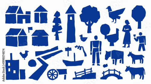 Charming blue village icons and symbols representing rural life, farming, and community elements in a simple, graphic style