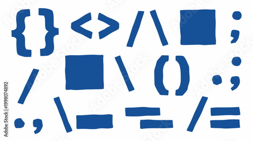 Collection of blue programming symbols and punctuation marks on a white background representing coding and digital communication