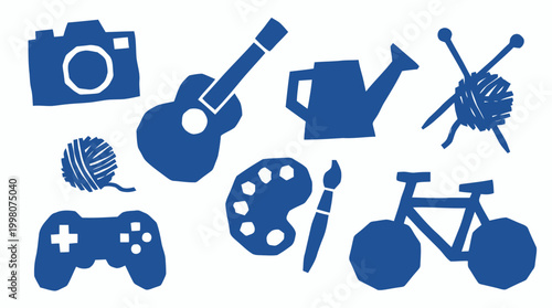 Collection of hobby icons representing diverse leisure activities and creative pursuits in a vibrant blue color palette on a white background