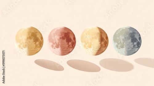 Four colored moons-yellow, red, orange, and blue-aligned horizontally casting soft shadows on a pale background, kid friendly colorful planet background