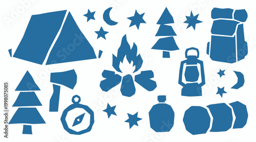Camping adventure icons and symbols set for outdoor recreation and travel adventures