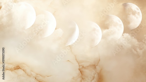 A sequence of the moon phases displayed against a soft, textured beige background resembling clouds or marble, kid friendly colorful planet background
