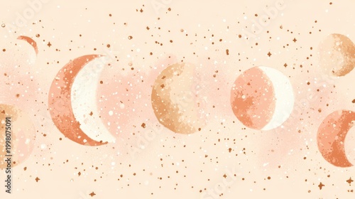 A delicate watercolor illustration of the moon's phases in soft peach and beige tones, scattered with tiny stars and speckles on a textured background, kid friendly colorful planet background