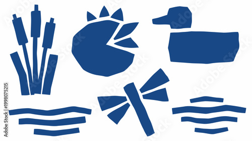 Charming blue graphic icons representing a serene pond ecosystem with reeds, lily pad, dragonfly, duck, and water ripples for nature and wildlife themes