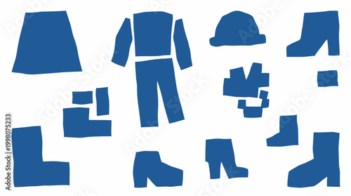 Abstract blue shapes representing clothing items and footwear arranged in a scattered pattern on a white background