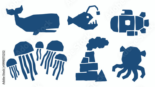 Collection of stylized blue sea creatures and industrial pollution icons on a white background representing marine life and environmental impact