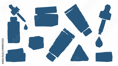 Collection of blue skincare packaging silhouettes including bottles jars and tubes for beauty and cosmetic products on a white background