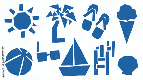Summer vacation icons set blue silhouette on white background representing beach holiday elements like sun, palm tree, ice cream, sailboat, and beach ball