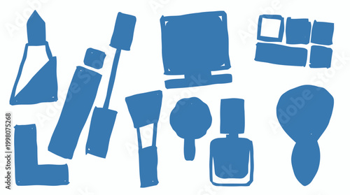 Collection of blue cosmetic and beauty products in a simple doodle style illustration on a white background