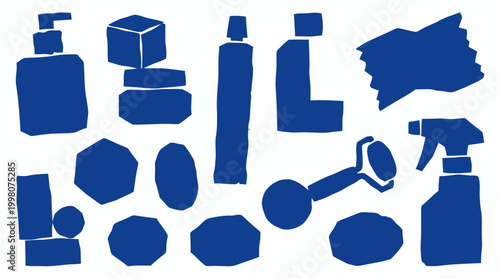 Collection of blue skincare and cosmetic bottles and containers arranged in a pattern on a white background, representing beauty and self care products.