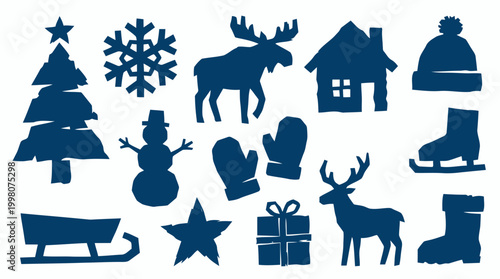 Winter holiday icons set with christmas tree snowman moose deer sleigh skates hat mittens gift and snowflake for design