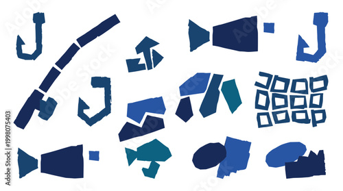 Abstract illustration of fishing gear and fish in shades of blue and teal, representing hobbies and outdoor activities