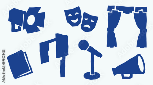 Collection of theatrical and performance elements including spotlights microphones curtains masks and a megaphone symbolizing entertainment and live shows