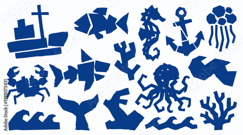 Collection of blue marine life and nautical elements in a playful, geometric style perfect for children's designs and ocean themes