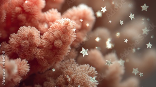 Soft coral in underwater environment with delicate star-shaped particles floating nearby, a dreamy and ethereal marine scene, kid friendly colorful planet background