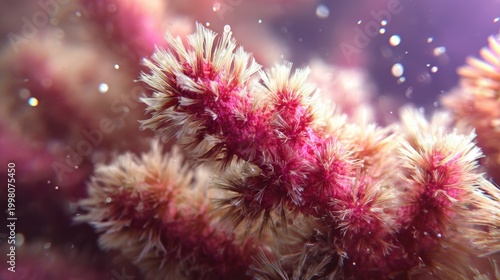 Close-up of a vibrant pink and white underwater coral or marine organism with delicate, feathery textures and soft lighting, kid friendly colorful planet background