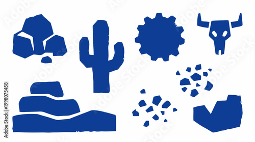 Collection of desert elements including cactus, rocks, and a bull skull, symbolizing the wild west and arid landscapes