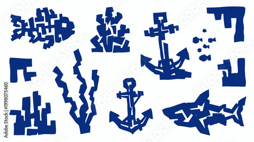 Abstract blue marine life and nautical elements including fish shark anchors and coral on a white background