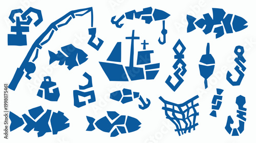 Blue fishing icons set on white background representing fishing rod boat net fish hook bait and tackle for leisure and hobby concepts