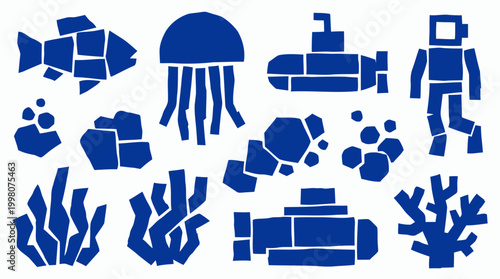 Abstract blue underwater world with marine life, submarines, and a diver exploring the ocean depths with coral and seaweed