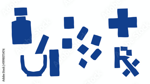 Blue medical symbols and pharmacy icons including a prescription symbol mortar and pestle and a cross on a white background