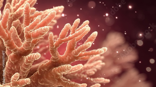 Close-up image of a vibrant, textured coral branch with a blurred background and glowing particles, showcasing underwater marine life, kid friendly colorful planet background