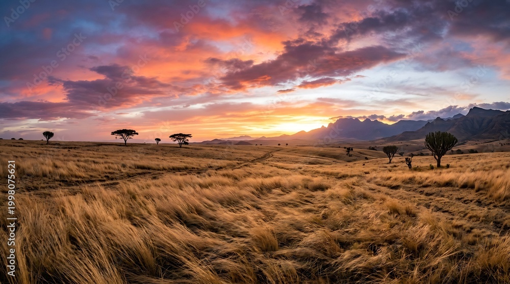 Obraz premium Vibrant sunset illuminates the vast African savanna, casting a golden glow over endless grasslands under a sky ablaze with fiery orange and purple