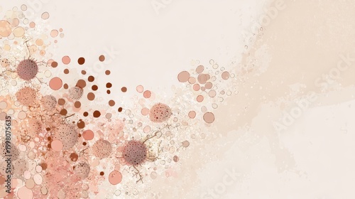 Abstract digital artwork featuring clusters of interconnected circular shapes in varying shades of brown and beige on a light textured background, kid friendly colorful planet background
