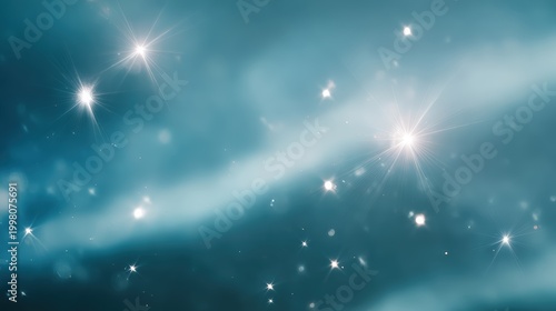 Shimmering bright stars sparkle against a soft blue, misty background, a magical and dreamy atmosphere, kid friendly colorful planet background