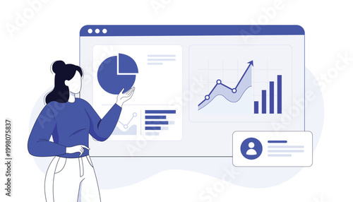 Woman presenting business analytics dashboard interface with pie charts bar graphs data statistics and vector illustration set