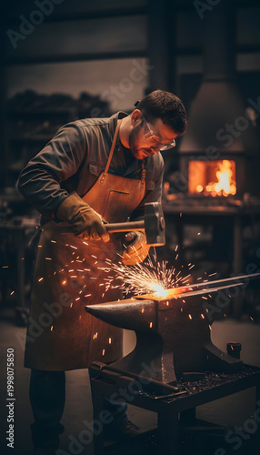 A skilled blacksmith works at an anvil, forging metal with a hammer, sparks flying in a dimly lit workshop setting