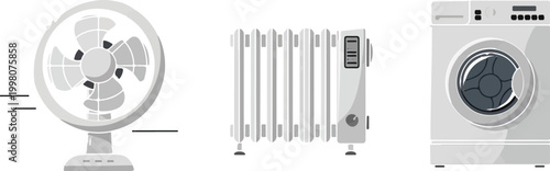 Modern household appliances vector set, electric cooling fan and oil heater radiator, front view of white washing machine, home electronics collection