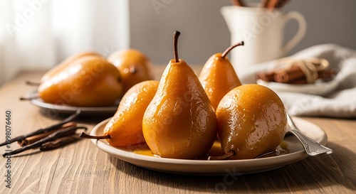 Poached pears with caramelized sugar.