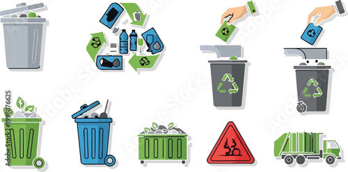 Waste management and recycling vector icon set, garbage disposal and trash sorting collection, sustainable ecology and environmental protection symbols