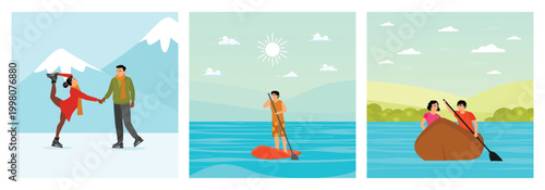 Ice skating rink concept. Stand up paddling rental. Paddle boat rental.