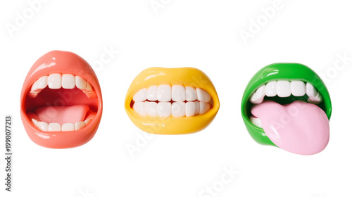 Set of 3D cartoon mouth expressions on transparent background