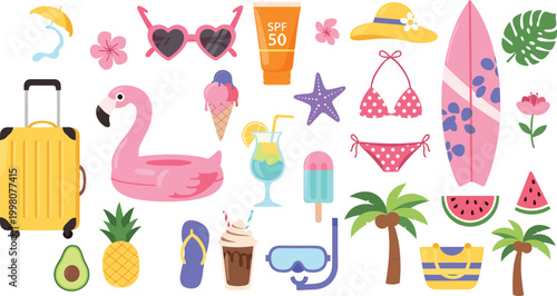 Summer Vacation Essentials Collection Featuring Luggage, Sunglasses, Ice Cream, Surfboard, and Tropical Fruits for Beach, Travel, and Holiday Designs