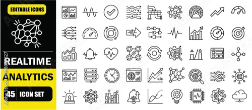 Real Time Analytics Monitoring Icon Set – SaaS Dashboard UI Design, Live Data Tracking, Performance Metrics, System Monitoring, Business Intelligence and AI Driven Insights Line Icons – Thin Line Edit