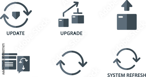 Software update and system upgrade icon set, flat vector technology symbols for data refresh and server maintenance, 6 digital interface elements