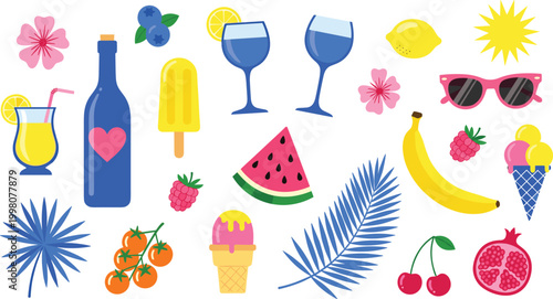 Tropical Summer Fruit and Beverage Collection Featuring Ice Cream, Drinks, Fruits, Sunglasses, and Refreshing Treats for Beach and Vacation Designs