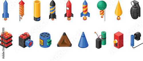 Firework and Rocket Icons Collection Featuring Sparklers, Rockets, Bombs, and Explosives for Celebration and Festival Designs