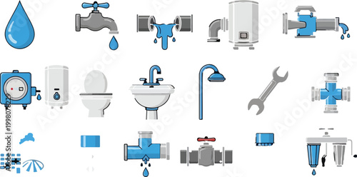 Plumbing service icons set, professional water supply and sanitation equipment vectors, bathroom fixtures and pipe repair tools collection