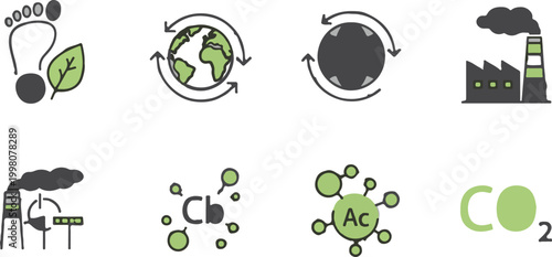 Environmental sustainability icons set, carbon footprint and global warming vector elements, industrial pollution and CO2 emission graphics