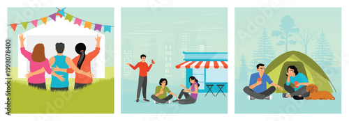 Open air festival concept. Food court. Camping pass.