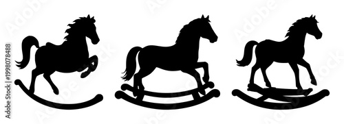 Rocking horse set with black silhouette on white background featuring horse, playground, equestrian with silhouette and background