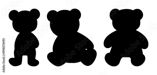 Teddy bear set with black silhouette on white background featuring bold line art, minimalist icon, monochrome design with shapes and outline