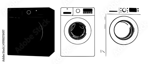 Washing machine set with black silhouette against white background featuring appliance, laundry, domestic with modern and industrial