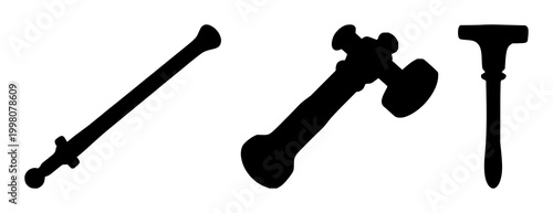Gavel silhouette set with black shape on white background featuring law, justice, courtroom instrument with legal and judicial