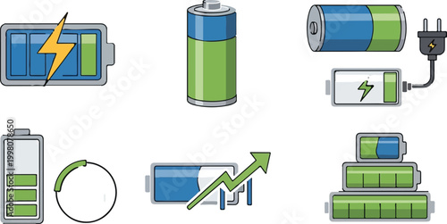 Battery charging icons set, green energy power level indicators, electric fuel cell vector collection, renewable storage technology symbols